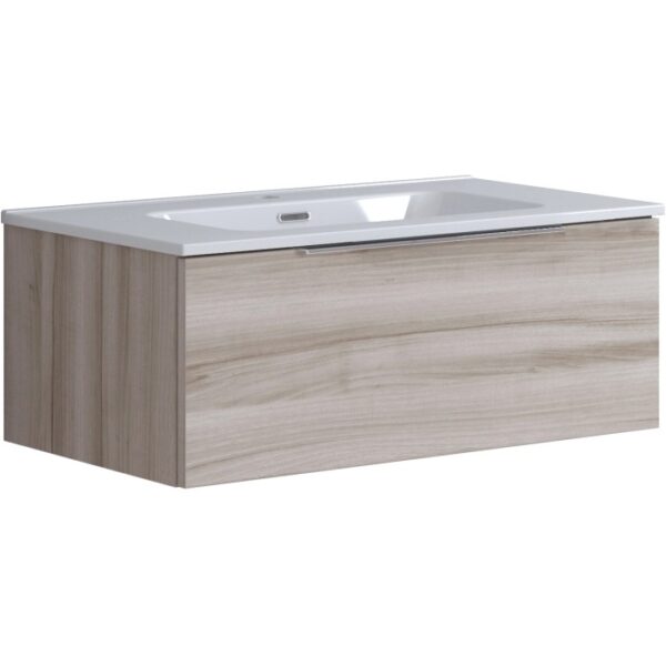 Mobile bagno t.b.t. con finitura legno e lavabo bianco.