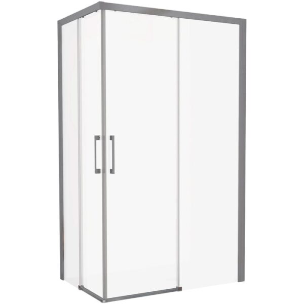 Box doccia angolare con porta scorrevole e telaio grigio.