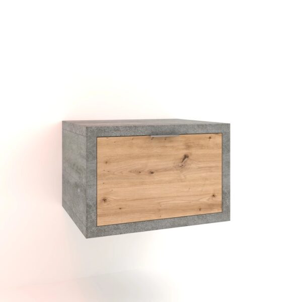 Mobile bagno sospeso con frontale in legno e effetto cemento.