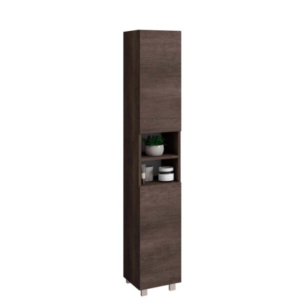 Mobile bagno alto e stretto marrone con ripiani a giorno per accessori.