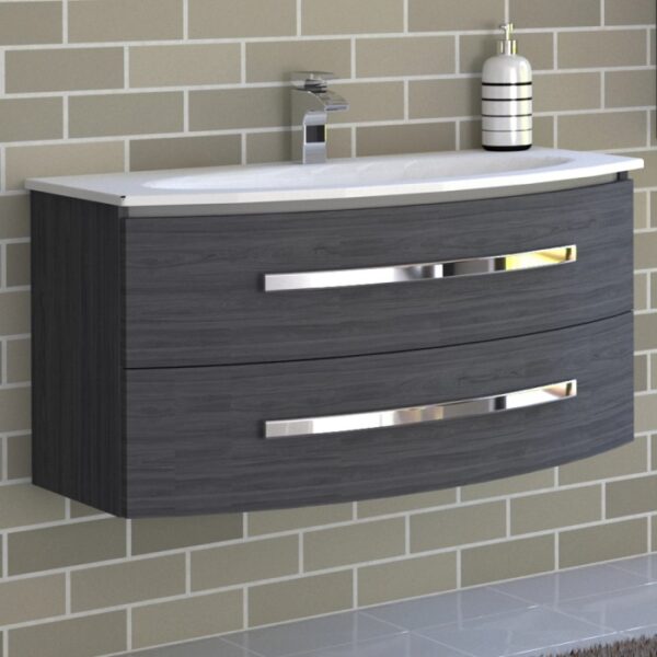 Mobile bagno grigio con lavabo e due cassetti, categoria: Arredo bagno.