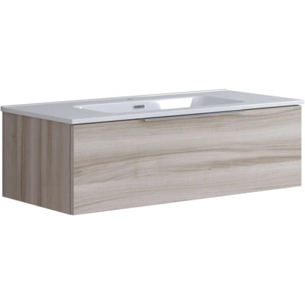 Mobile bagno sospeso effetto legno con lavabo bianco.