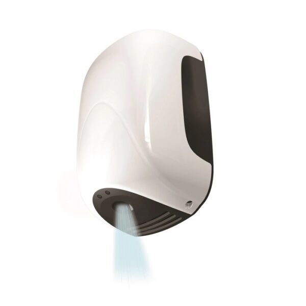 Asciugamani automatico bianco per montaggio a parete. Asciugatura igienica delle mani in bagno.