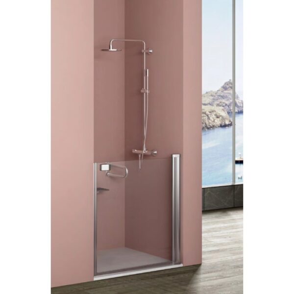 Porta doccia t.b.t. con rubinetteria e maniglione in bagno moderno.