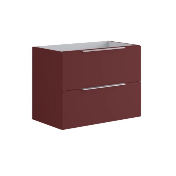 Mobile bagno bordeaux con due cassetti e maniglie argentate.
