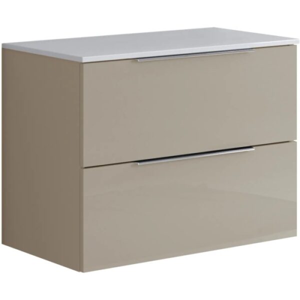 Mobile bagno t.b.t. beige con due cassetti e piano bianco.