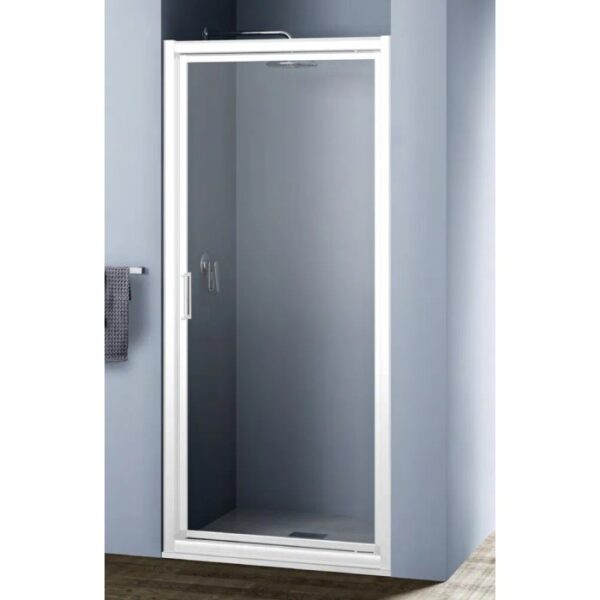 Porta doccia t.b.t. con telaio bianco e vetro trasparente.