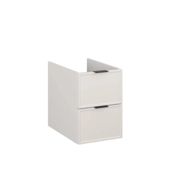 t.b.t. Mobile bagno bianco con due cassetti e maniglie nere.