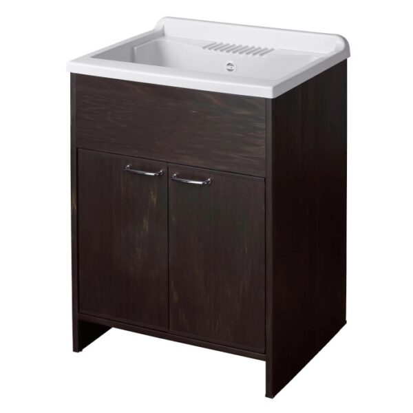 Mobile lavabo con vasca bianca e finitura in legno scuro. Categoria: Lavatoi.