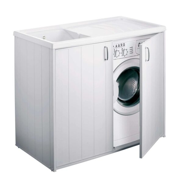 Mobile lavatrice Lavatoi bianco con lavabo e ante aperte.