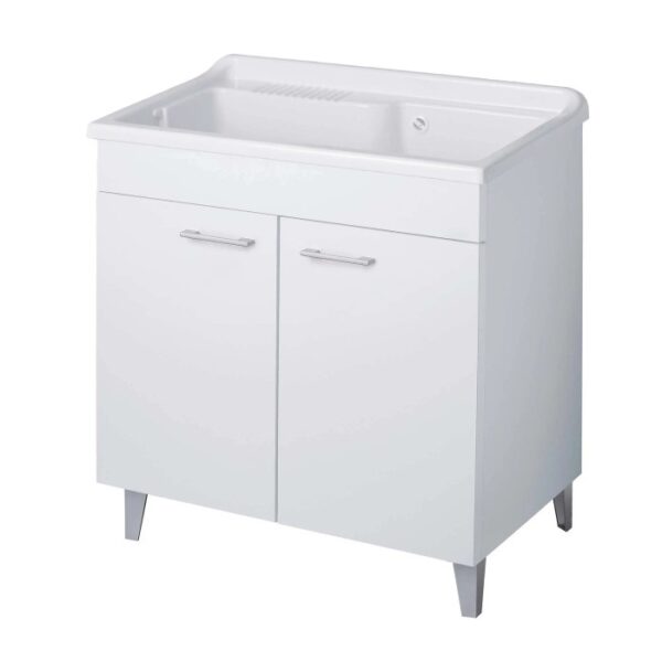 Mobile lavatoio bianco con vasca per lavanderia o bagno.