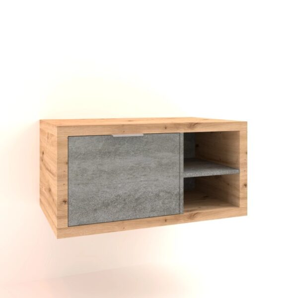 Mobile bagno sospeso effetto legno con anta grigia e vano a giorno.