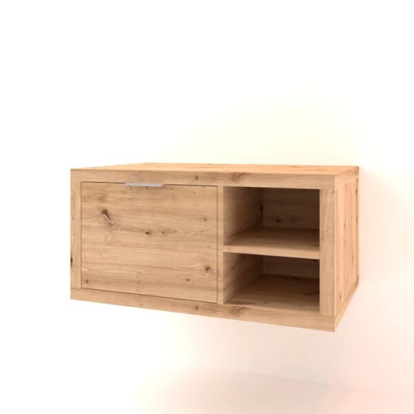 Mobile bagno sospeso in legno con anta e ripiani a giorno.