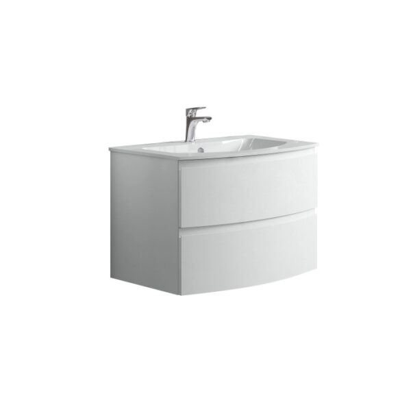 Mobile bagno bianco con due cassetti e lavabo da appoggio.