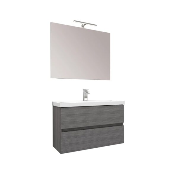 Mobile bagno grigio con specchio e illuminazione, parte della serie di arredo bagno.