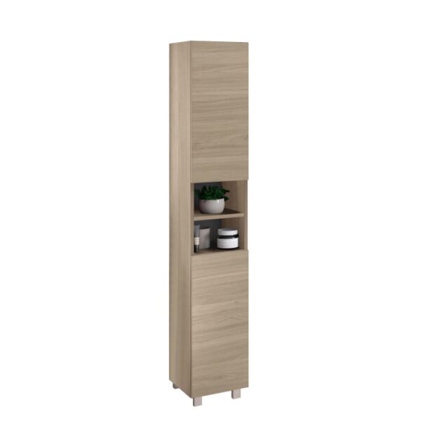 Mobile bagno alto effetto legno con vano a giorno per decorazioni e accessori bagno.