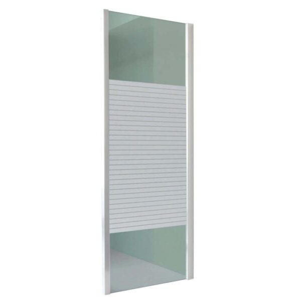 Pannello doccia t.b.t. con strisce orizzontali e cornice argentata.