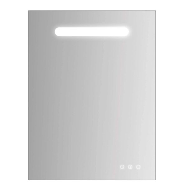 Specchiera rettangolare t.b.t. con illuminazione LED superiore e pulsanti touch inferiori.