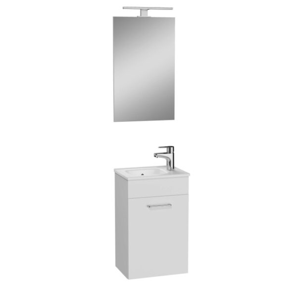 Mobile bagno bianco con specchio e rubinetto per arredamento bagno.