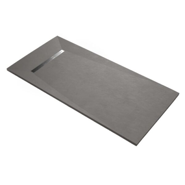 Piatto doccia t.b.t. grigio in gres porcellanato con forma rettangolare e scarico integrato.