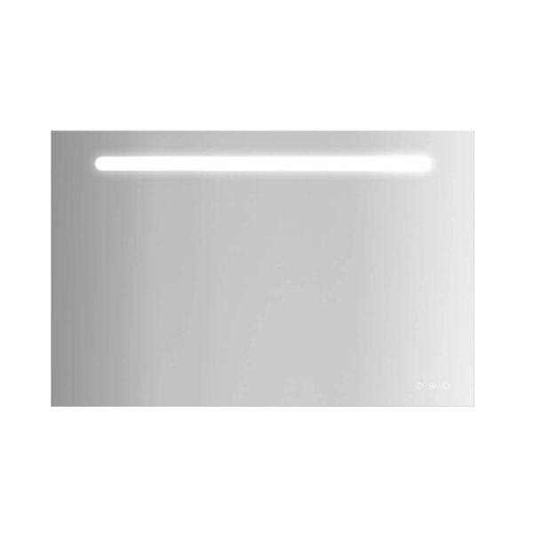 Specchio rettangolare con illuminazione a LED nella parte superiore e sensore touch in basso a destra.