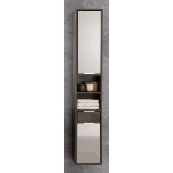 Mobile bagno alto e stretto grigio con specchio, ripiani e cassetto. Arredo bagno da parete.
