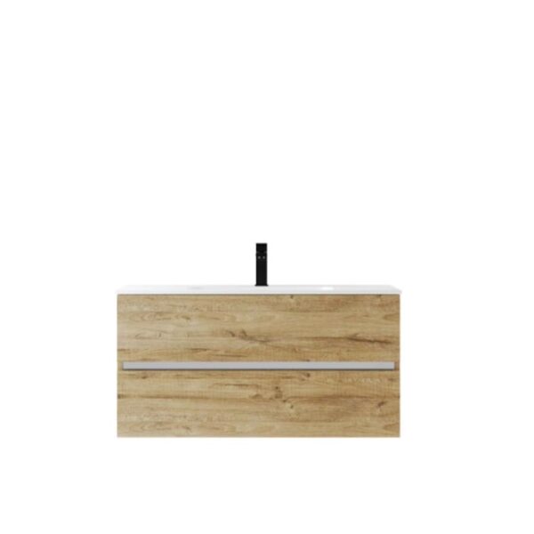 Mobile bagno color legno con lavabo bianco e rubinetto nero.