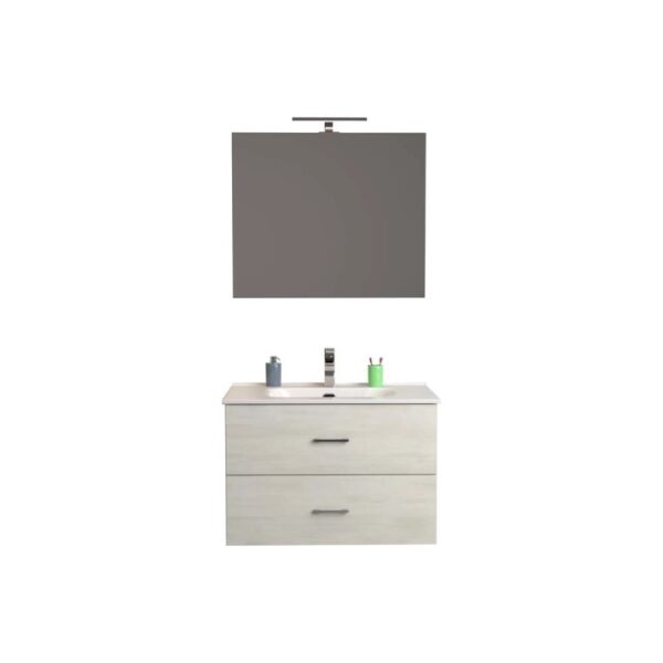 Set di mobili bagno moderni: mobile lavabo con due cassetti e specchio con illuminazione.