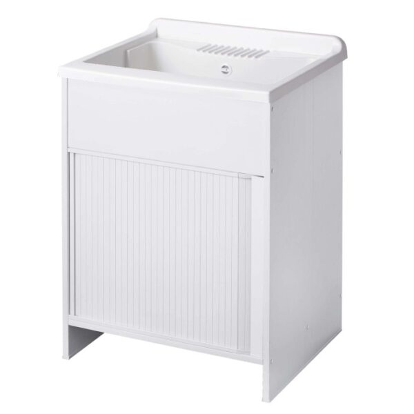 Mobile lavatoio bianco con anta a rullo per lavanderia o bagno.
