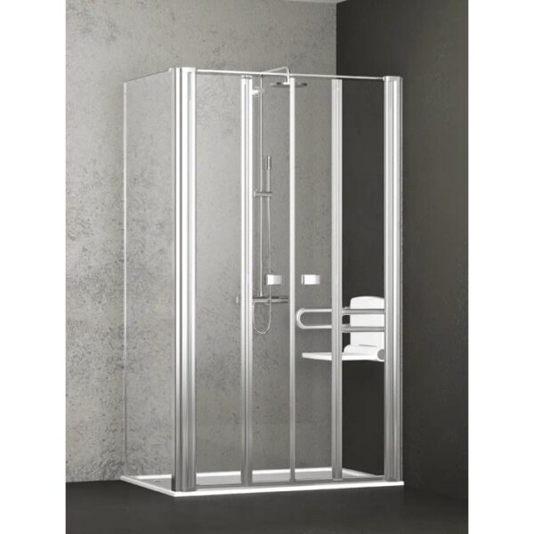 Box doccia t.b.t. con sedile e maniglione. Doccia senza barriere.