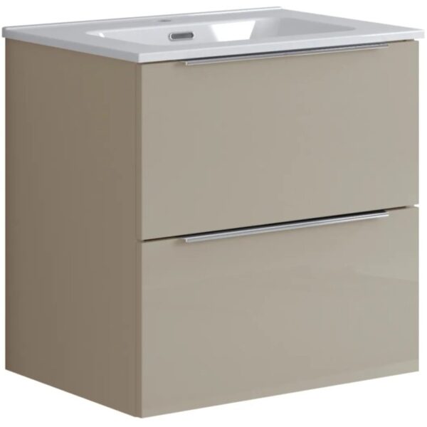 t.b.t. Mobile bagno beige con due cassetti e lavabo da appoggio.