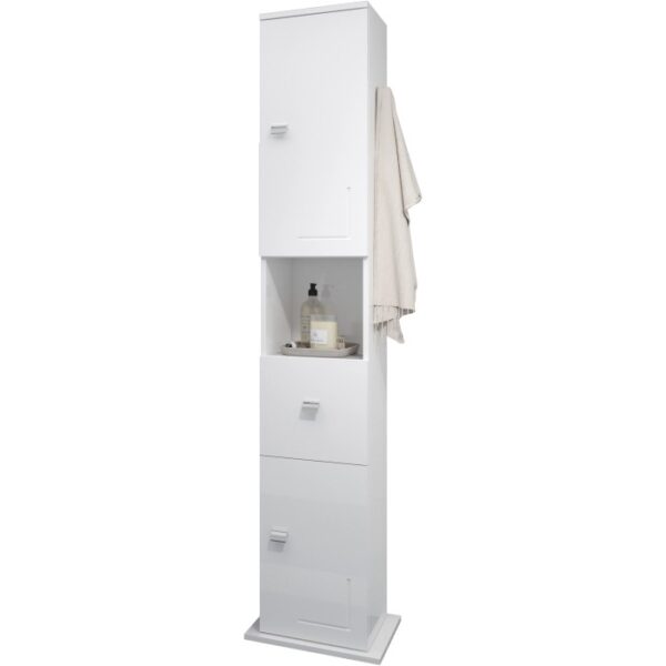 Colonna bagno bianca t.b.t. con ripiani, cassetto e asciugamano.