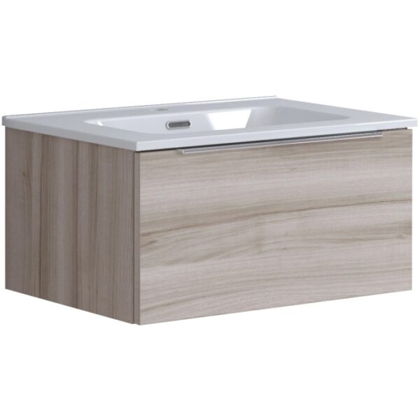 Mobile bagno t.b.t. con decoro legno e lavabo bianco.
