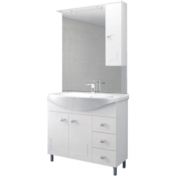 Mobile bagno bianco con specchio e armadietto, categoria arredo bagno.