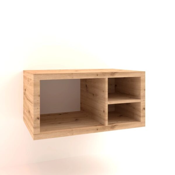 Mobile bagno sospeso effetto legno con vani a giorno.