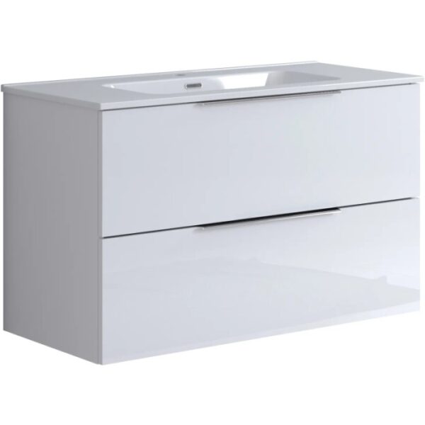 Mobile bagno sospeso bianco con due cassetti.