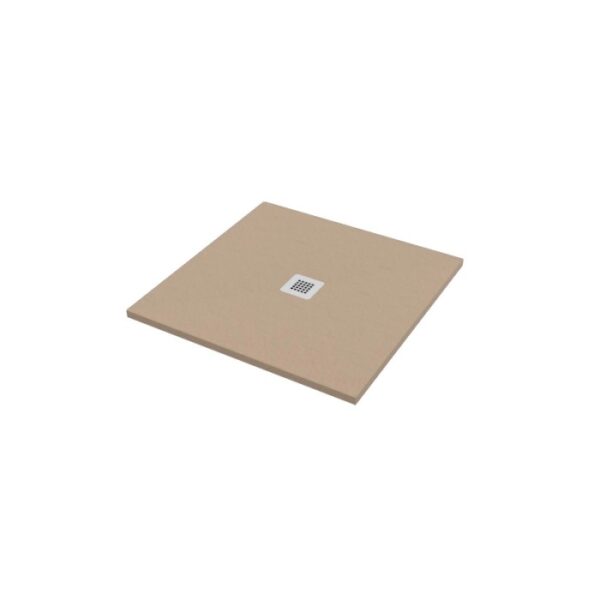 Piatto doccia quadrato beige con scarico centrale.