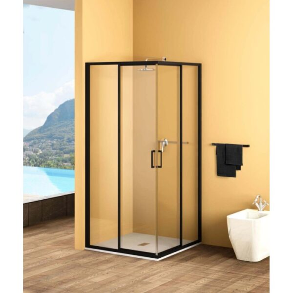 Box doccia angolare con telaio nero e vetro trasparente. Ideale per bagni moderni.