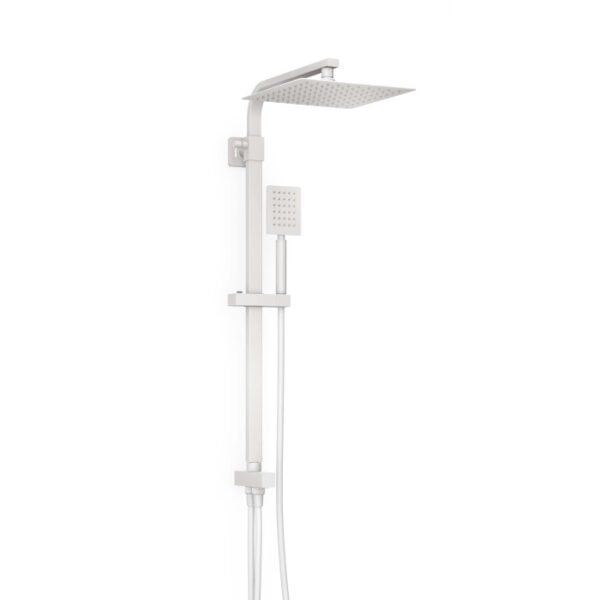Colonna doccia t.b.t. con soffione e doccetta, design squadrato in bianco.