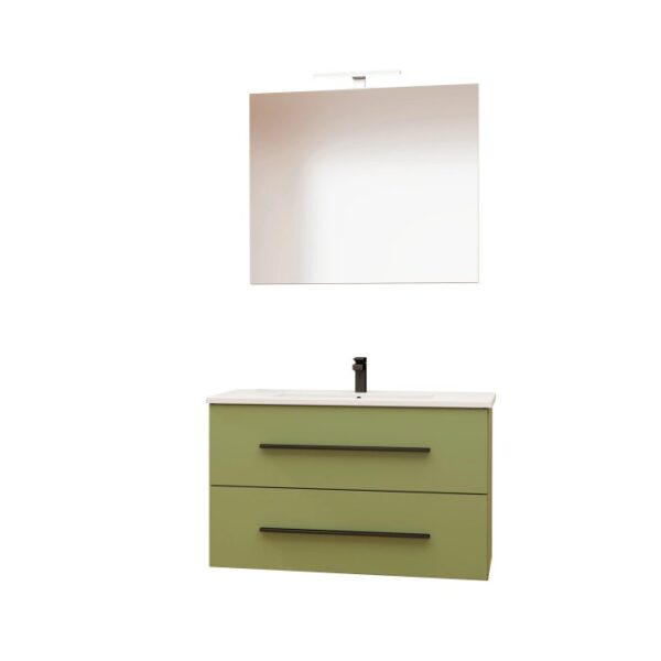 Mobile bagno verde con due cassetti e specchio.