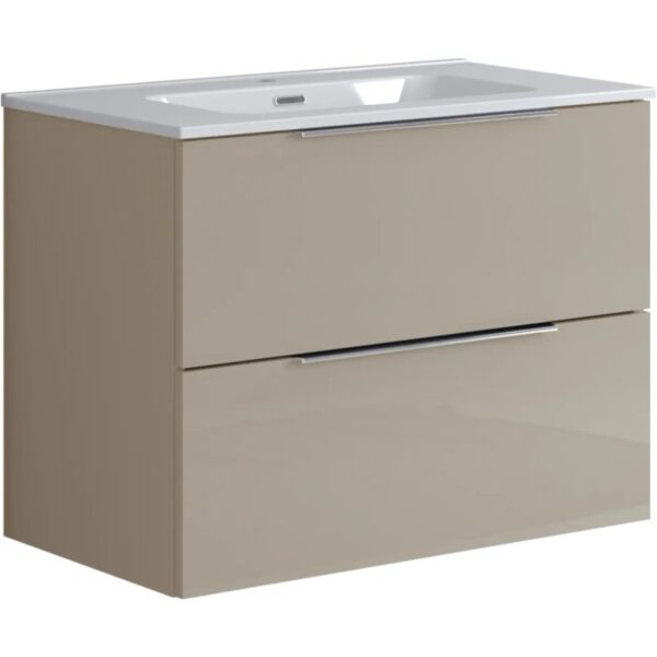 Mobile bagno t.b.t. color tortora con due cassetti e lavabo bianco.