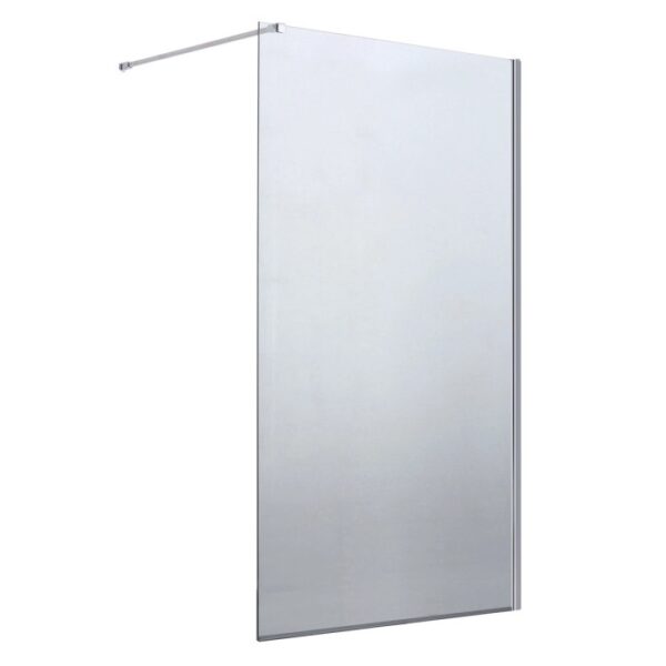 Box doccia walk-in t.b.t. con pannello in vetro trasparente e barra di supporto argentata.
