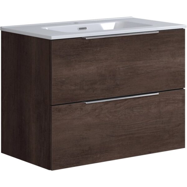Mobile bagno in legno con due cassetti e lavabo bianco.