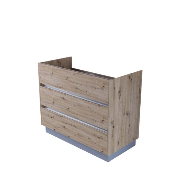 Mobile bagno in legno con tre cassetti.