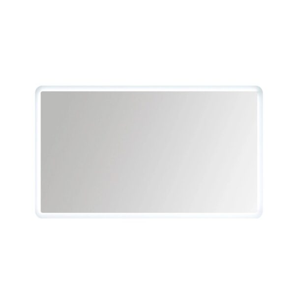 Specchiera rettangolare t.b.t. con angoli arrotondati e illuminazione LED perimetrale.
