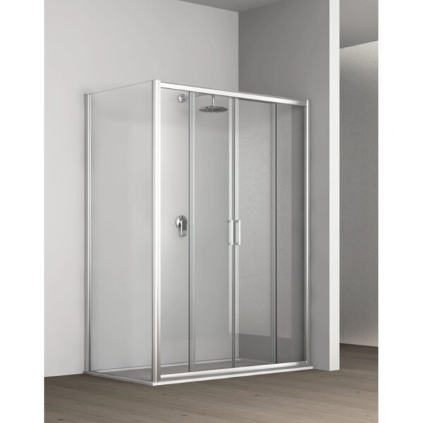 Box doccia t.b.t. con porta scorrevole, telaio argento e soffione.