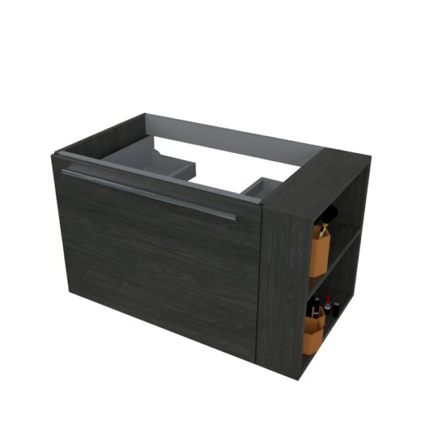 Mobile bagno t.b.t. in legno scuro con cassetto e ripiani a giorno.