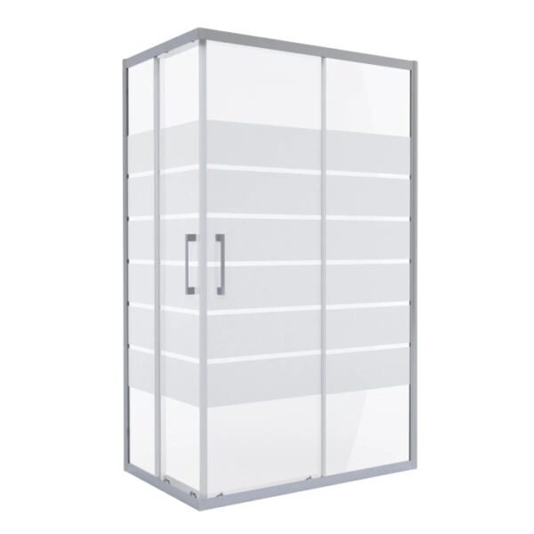 Box doccia angolare con porta scorrevole e strisce orizzontali.