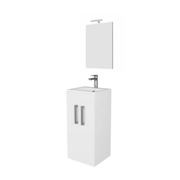 Mobile bagno bianco con specchio, parte della serie di arredo bagno.