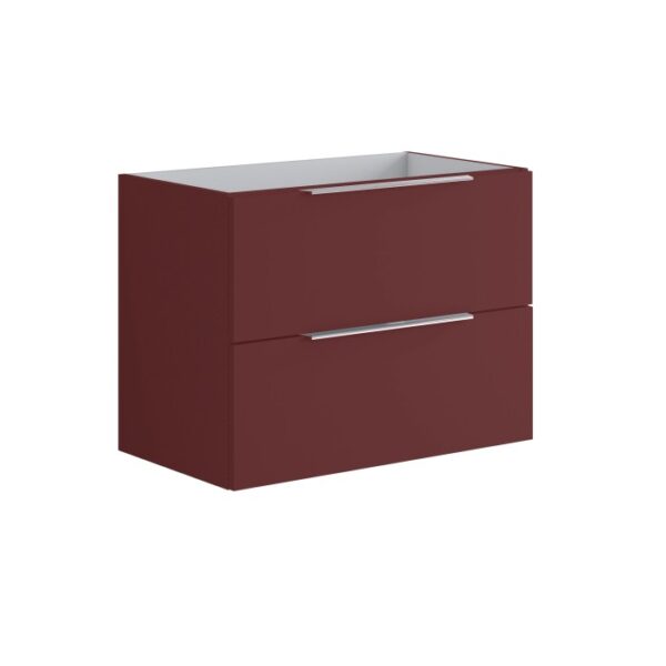 Mobile bagno bordeaux con due cassetti e maniglie argentate.